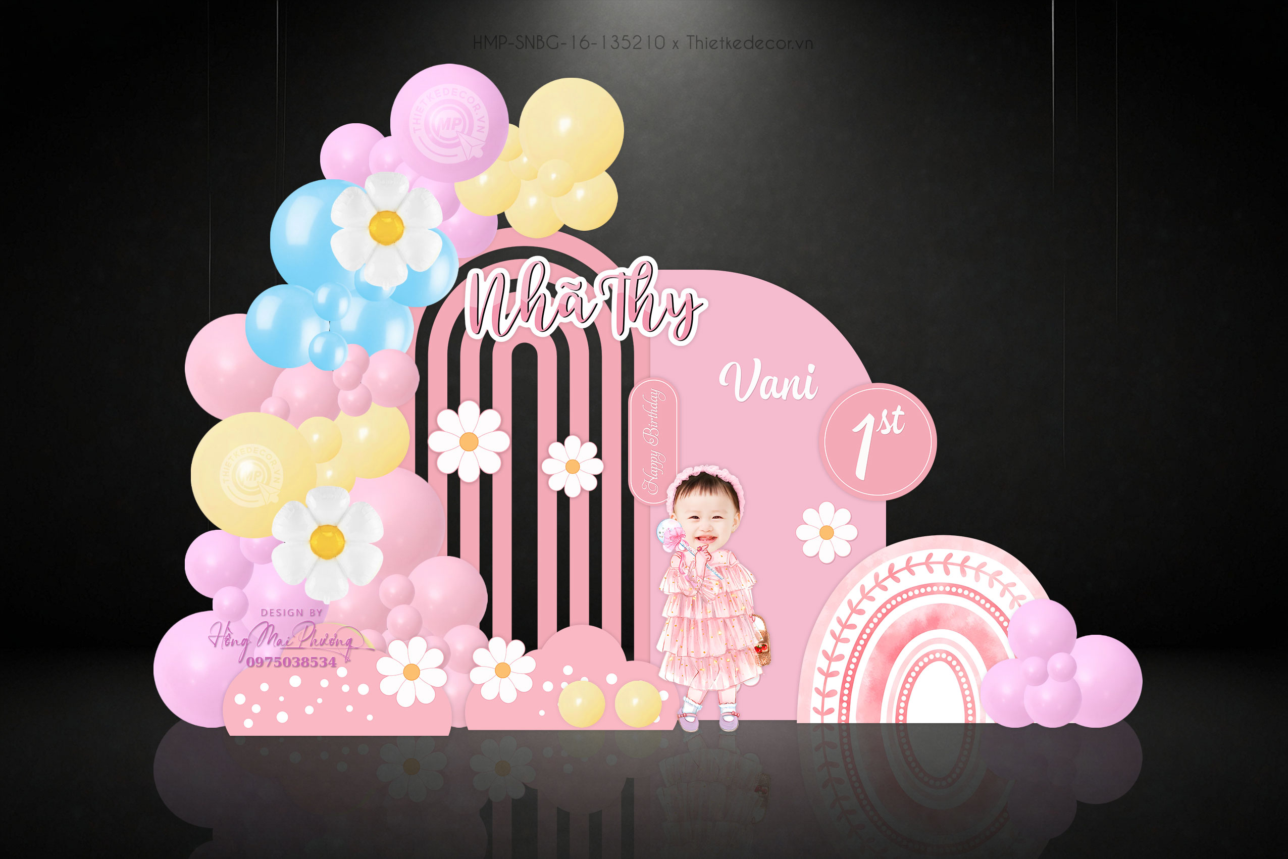 Backdrop sinh nhật bé gái tone hồng hoa cúc